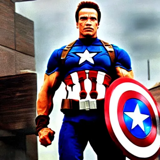 Prompt: Arnold Schwarzenegger playing Captain America on The Avengers