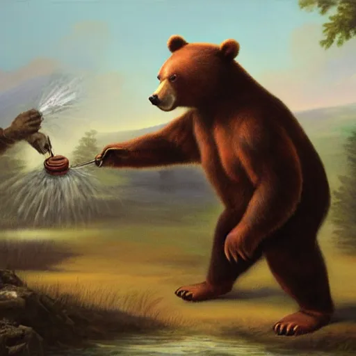 Prompt: oil painting of a socialist bear vowing to take down capitalism