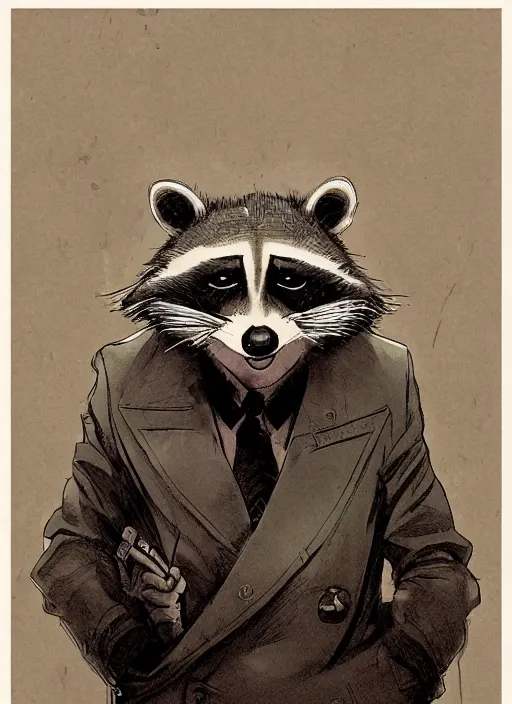 Image similar to a dramatic illustration portrait of an anthropomorphic raccoon mob boss, by posuka demizu, by stephen gammell, by victo ngai, by george ault, in the style of mafia, artstation