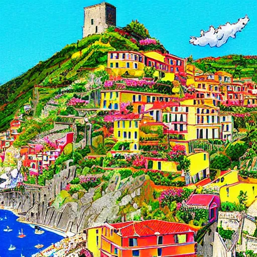Image similar to illustration, french bande dessinée, final fantasy, mediterranean landscape, quaint village, bright colors, cinq terre, highly detailed, luminous