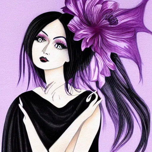 Image similar to beautiful delicate pale thin goth woman with black hair, wearing long black and purple dress, highly detailed, illustration