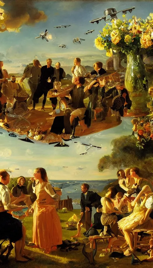 Prompt: still life painting of midsummer party getting attacked by UFOs, by Peder Krøyer, golden hour, dramatic lighting, epic, gargantuan, intricate detail, canvas print