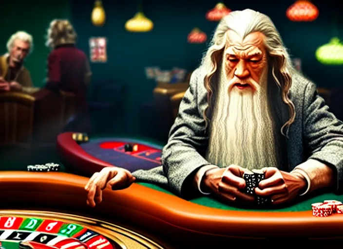 Image similar to film still of gandalf gambling in a casino in new pixar movie, 8 k