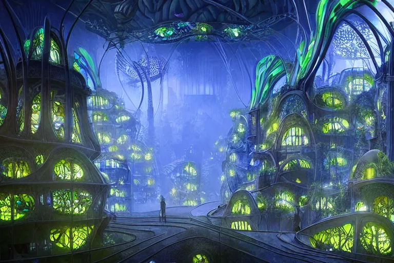 Image similar to futuristic foliage overgrowing detailed favela bioluminescence fungus hive, art nouveau environment, cathedral, award winning art, epic dreamlike fantasy landscape, ultra realistic,