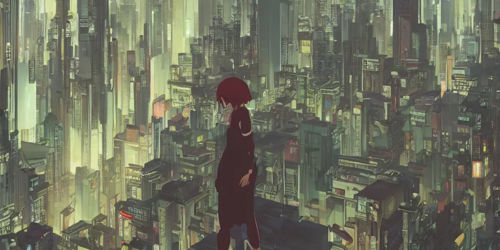 Prompt: a stylized 2 d cinematic keyframe of a ghost in the shell city, drone shot, awe inspiring, joy gaze, cel - shaded, classical animation, edge - to - edge print, rendered by studio ghibli, artgerm, alyssa monks, andreas rocha, david kassan, neil blevins, rule of thirds, golden ratio, ambient lighting
