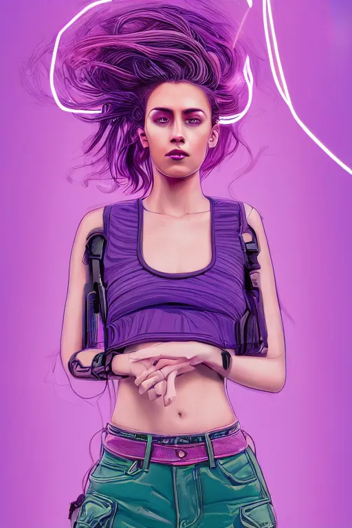 Image similar to a award winning half body portrait of a beautiful woman with stunning eyes in a croptop and cargo pants with ombre purple pink teal hairstyle and hands in pockets by thomas danthony, surrounded by whirling illuminated lines, outrun, vaporware, shaded flat illustration, digital art, trending on artstation, highly detailed, fine detail, intricate