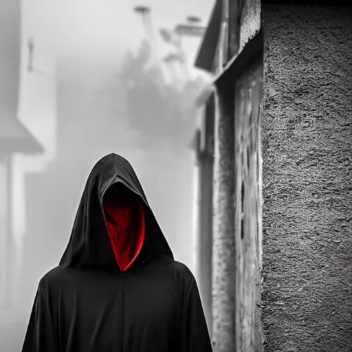 Prompt: A demonic hooded figure leaning on a wall in a alleyway during a rain storm