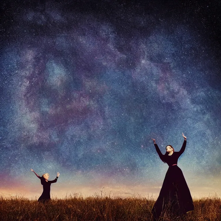 Image similar to album cover!, with text! kosmichna vystava!, a beautiful landscape of a starry sky with an beautiful woman waving to the horizon, cinematic, dramatic, photojournalism, highly detailed