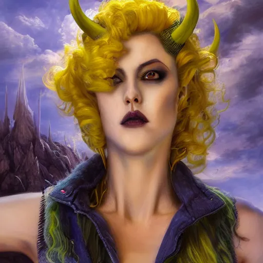 Image similar to A Beautiful Professional Model with Green hair and Yellow eyes and demon horns, fashionable clothes, detailed, looking seductively at the camera, centered, digital painting, artstation, concept art, donato giancola, Joseph Christian Leyendecker, WLOP, Boris Vallejo, Breathtaking, 8k resolution, extremely detailed, beautiful, establishing shot, artistic, hyperrealistic, beautiful face, octane render, cinematic lighting, dramatic lighting, masterpiece