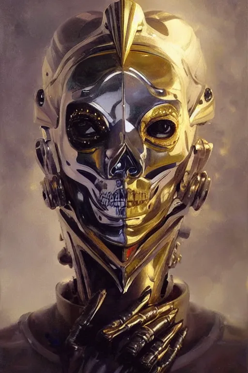 Prompt: beautiful expressive oil painting portrait of futuristic god queen, silver exoskeleton, with a gold sugar skull mask, cyberpunk, alien semiotic symbols, art by anders zorn, wonderful masterpiece by greg rutkowski, beautiful cinematic light, american romanticism by greg manchess, jessica rossier