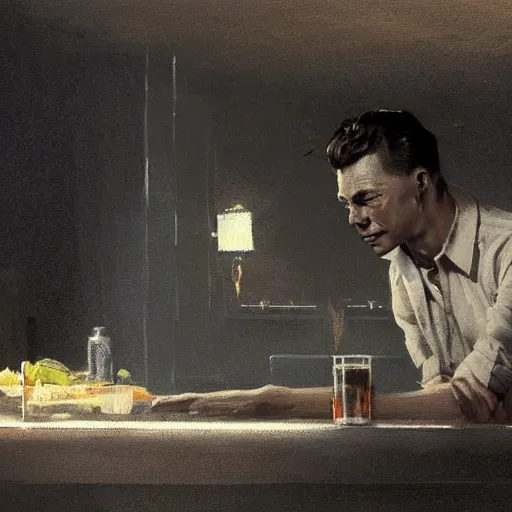 Image similar to a highly detailed epic cinematic concept art CG render digital painting artwork costume design: young Frank Sinatra as a poor 1950s bartender. volumetric lighting. By Greg Rutkowski, in the style of Francis Bacon, painted by Syd Mead, by Norman Rockwell and Beksinski, in the style of Edward Hopper and James Gilleard, Ilya Kuyshinov, WLOP, Stanley Artgerm, art by Takato Yamamoto, painted by James Jean airbrush, great attention to proper perfect anatomy, highly detailed, very coherent, triadic color scheme, realistic facial expression