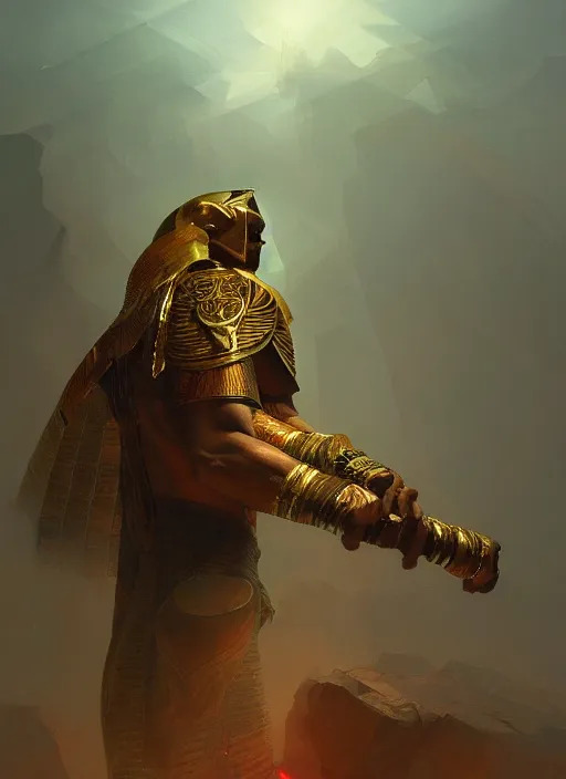 Prompt: egyptian god, powerfull, intricate, elegant, volumetric lighting, digital painting, highly detailed, artstation, sharp focus, illustration, ruan jia, rutkowski