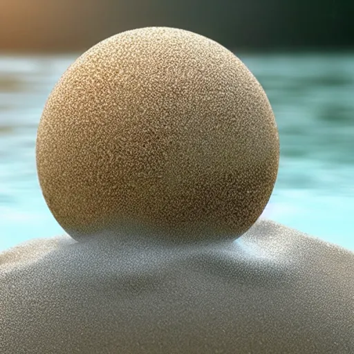 Image similar to a sphere made of sand levitating on water, highly detailed and photorealistic