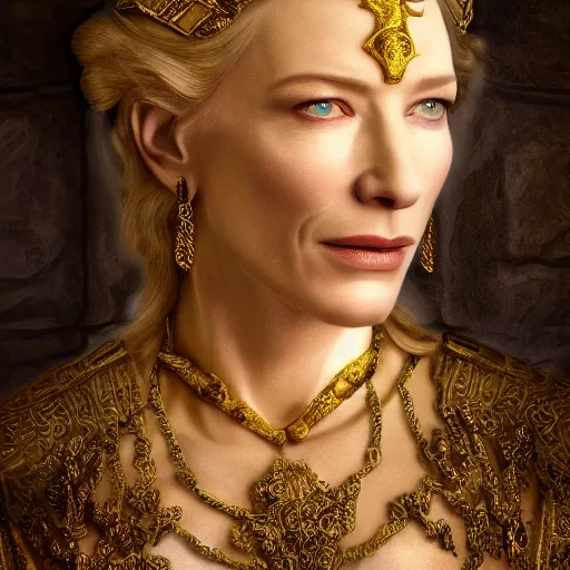 Prompt: Portrait cate blanchett ancient biblical, sultry, sneering, evil, pagan, wicked, queen jezebel, wearing gilded ribes, highly detailed, masterpiece 8K digital illustration