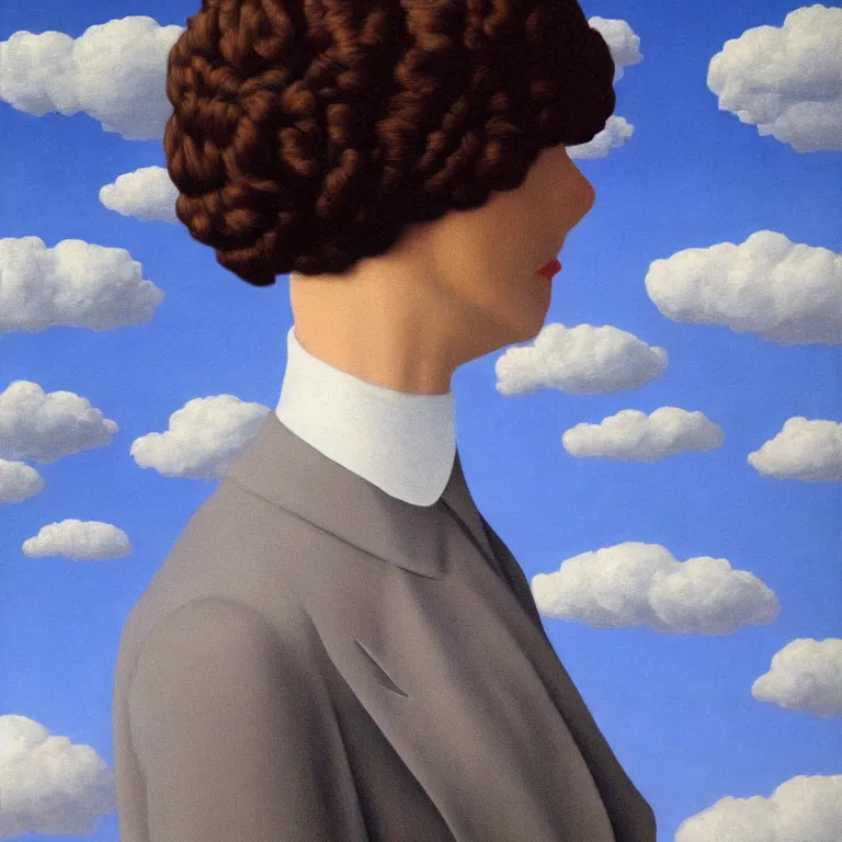 Image similar to portrait of a faceless shadow - head woman in a suit, clouds in the background, by rene magritte, detailed painting, distance, centered, hd, hq, high resolution, high detail, 4 k, 8 k