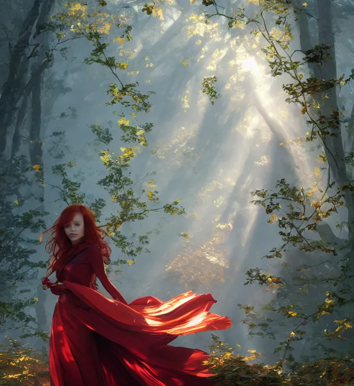 Image similar to portrait of a red haired woman wearing a satin dress, autumn leaves falling, dramatic volumetric lighting, god rays, global illumination, soft, sharp focus, sci-fi, ivy, moss, trending on artstation, intricate concept art by Greg Rutkowski and artgerm and and Alphonse Mucha