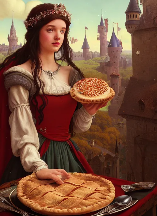 Prompt: highly detailed closeup portrait of a fairytale medieval princess eating meat pies, stephen bliss, unreal engine, greg rutkowski, ilya kuvshinov, ross draws, tom bagshaw, tom whalen, alphonse mucha, nicoletta ceccoli, mark ryden, earl norem, global illumination, god rays, detailed and intricate environment
