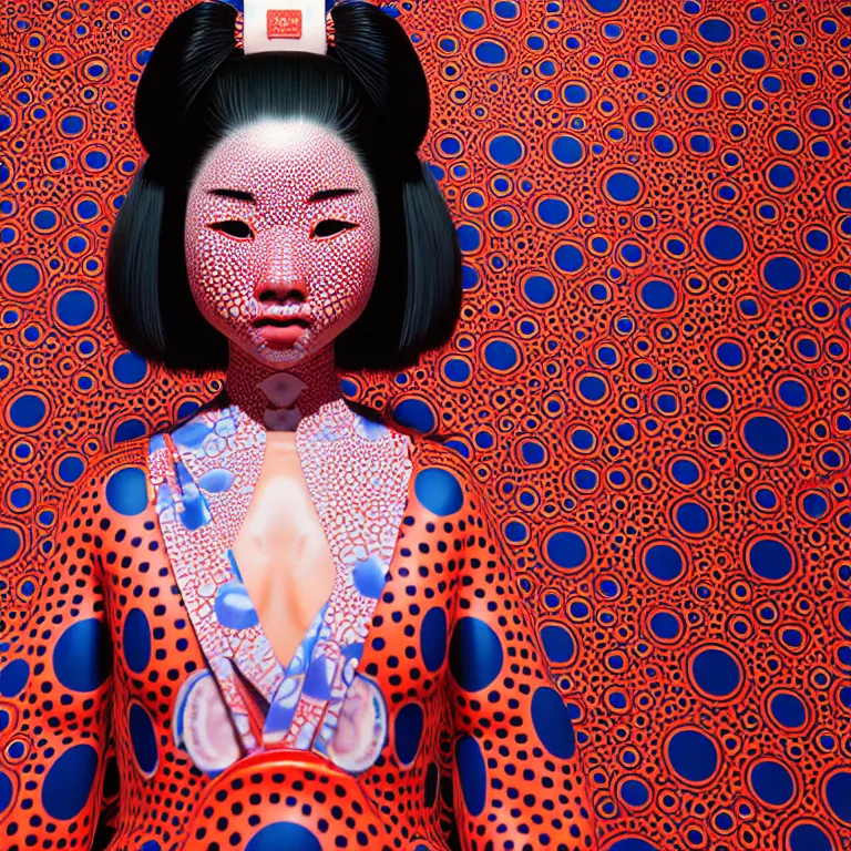 Prompt: hyperrealistic detailed image of a geisha in a art installation room, hd smooth interior by yayoi kusama, part by kei mieno, part by ross tran, dark art by james jean, ultra realistic, highly detailed, life like face, detailed body, 8 k, 3 d render by roger magrini, masterpiece