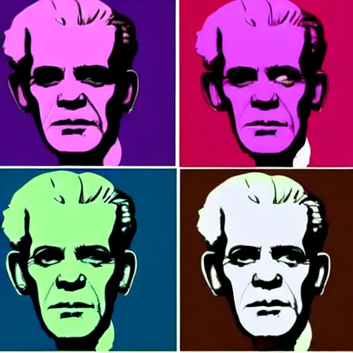 Prompt: boris karloff silk screen portrait by andy warhol, butcher billy style