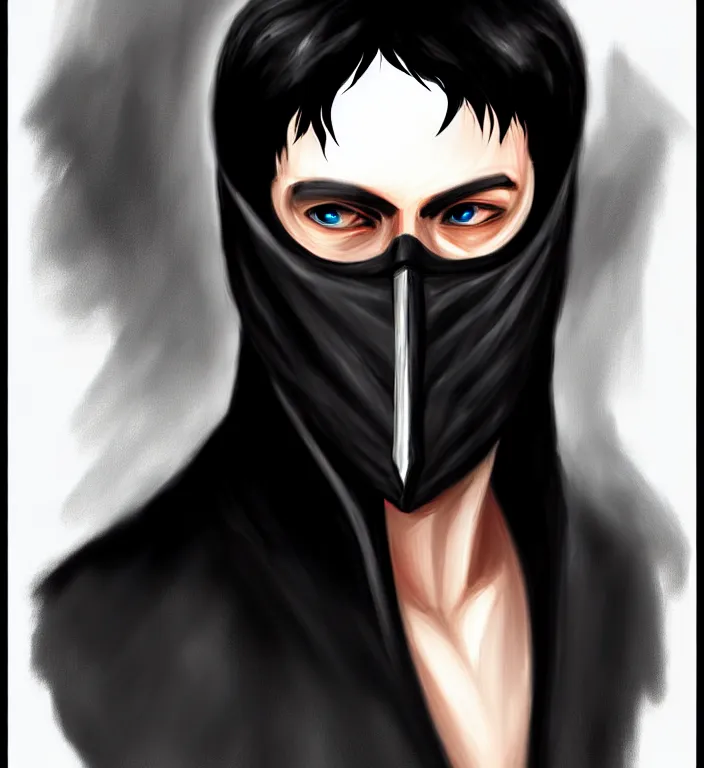 Image similar to white man with black fabric mask, short dark hair, true anatomy!, digital painting, style of lord of the ring!!!