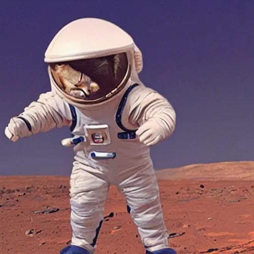 Image similar to a cat wearing a spacesuit in mars