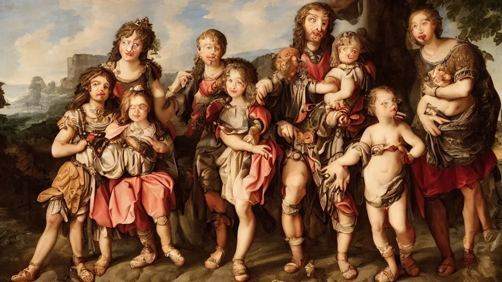 Image similar to a cute neanderthal family dressed in baroque, italian renaissance