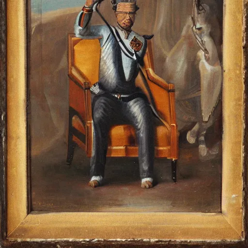 Image similar to a masculine king sitting on chair, he is in control, painting
