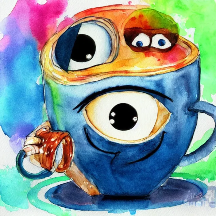 Prompt: cute coffee cup monster with googly eyes, pixar illustration, watercolor splash, dreamworks