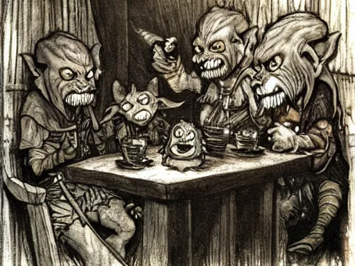 Image similar to goblins in a tavern by arthur rackham and by Tony DiTerlizzi and by brian froud, trending on artstation, detailed