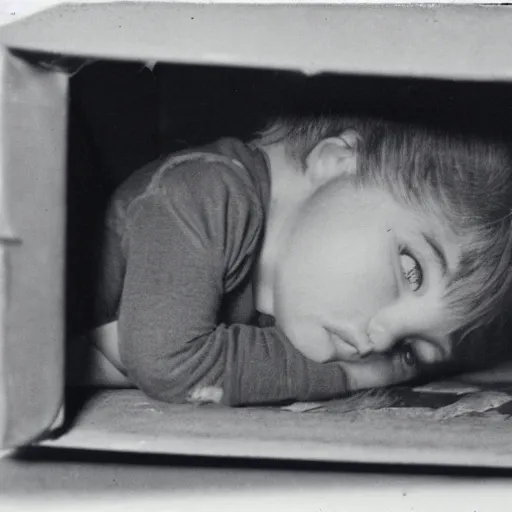 Prompt: a realistic dark photo of a sad child in a shipping box, holding a sad cat. 1 9 5 0 s style
