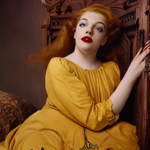 Prompt: preraphaelite photography reclining on bed, a hybrid of judy garland and lady gaga, aged 2 5, big brown fringe, yellow ochre ornate medieval dress, 4 k