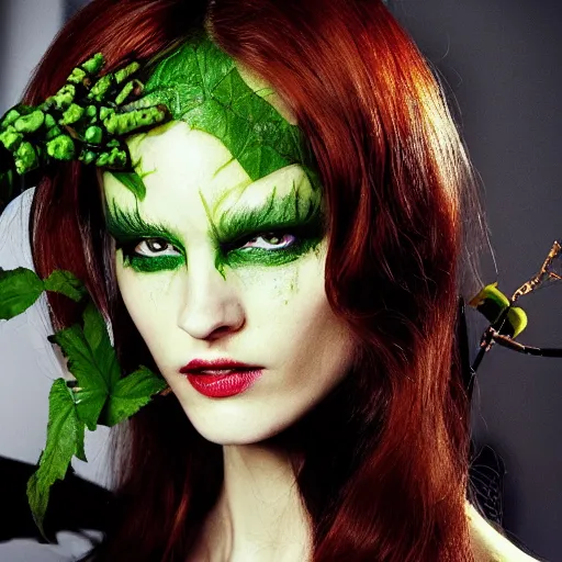 Image similar to A beautiful portrait of Daria Strokous as Poison Ivy from Batman as a Versace fashion model Spring/Summer 2010, highly detailed, in the style of cinematic, Getty images, Milan fashion week backstage, Makeup by Pat McGrath, Hair by Guido Palau, Greg rutkowski