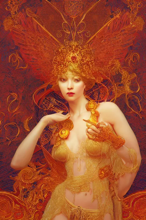 Image similar to tarot card artstation, portrait of a winged love dancer, sunrise, baroque ornament and rococo ornament, ancient chinese ornate, hyperdetailed, beautiful lighting, craig mullins, mucha, klimt, yoshitaka amano, red and gold and orange color palette