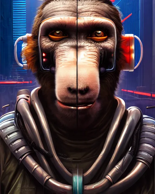 Prompt: a portrait of an anthropomorphic cyberpunk baboon by sandra chevrier, detailed render, tape deck, epic composition, cybernetics, 4 k realistic, cryengine, realistic shaded lighting, sharp focus, masterpiece, by matteo scalera, gary montalbano, peter elson in the style of the tokyo ghost comic