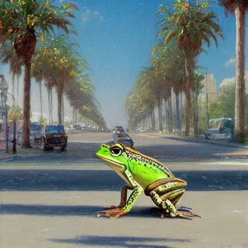 Prompt: painting of a bipedal frog walking away from the camera, down a busy street in los angeles, street vendors, palm trees, thomas kinkade