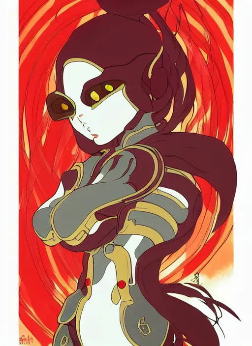 Prompt: cyber cat character design on white background, drawn by studio ghibli, alphonso mucha, lolish, trending on artstation colours red and gold