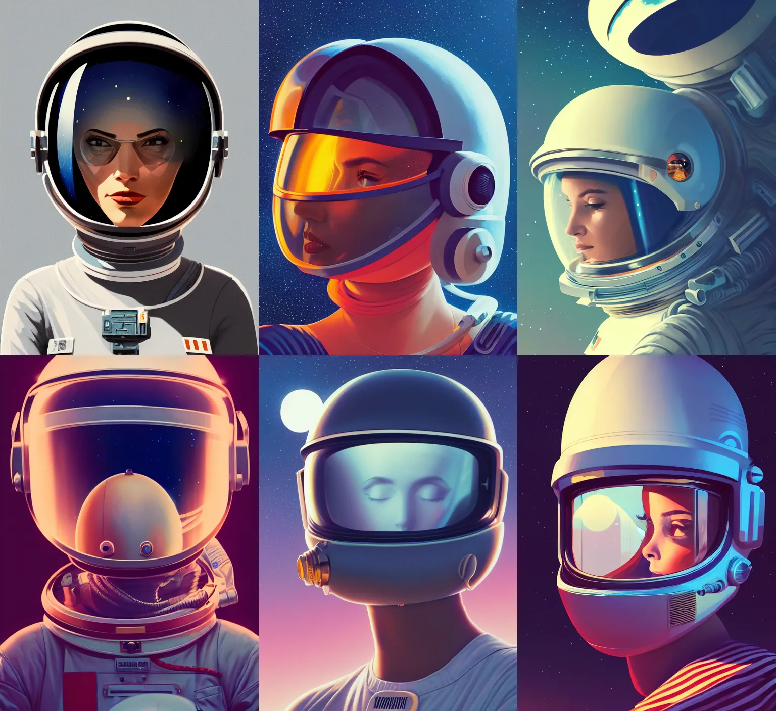 Prompt: retrofuturistic portrait of a woman in astronaut helmet, space graphics art in background, close up, quint buchholz, wlop, dan mumford, artgerm, liam brazier, peter mohrbacher, raw, featured on artstation, octane render, cinematic, elegant, intricate, 8 k