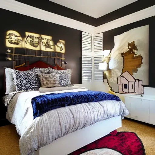 Image similar to designer bedroom with Bible themed bed, bible themed walls, bible themed carpet, bible themed furniture and Bible themed decor, interior photo