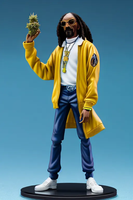 Image similar to still high quality figurine of snoop dogg with attachable weed, tsurime eyes, tareme eyes, personification, dynamic pose, detailed product photo, featured on amiami, tone mapped, beautiful composition, 8 5 mm, f. 1 4