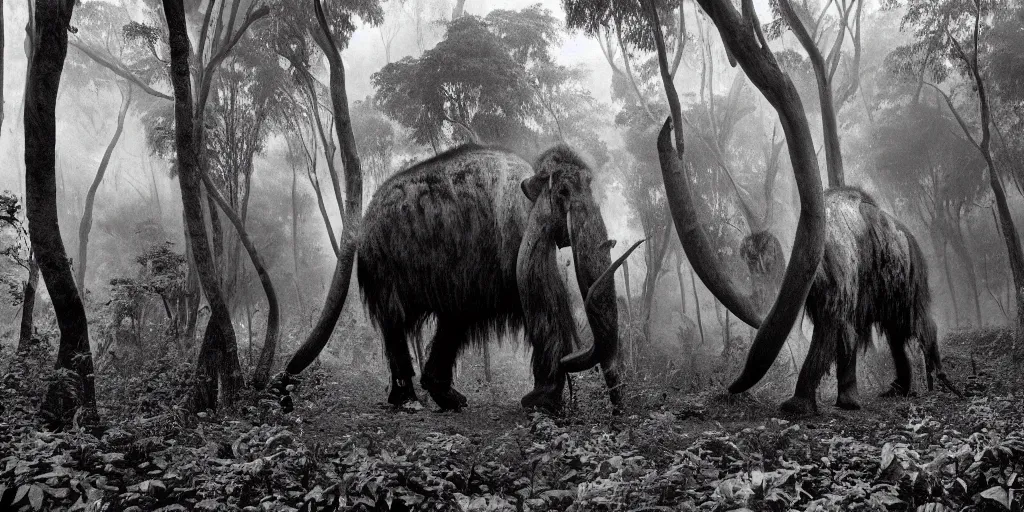 Image similar to a Sebastião Salgado's photograph of a mammoth walking in a dense tropical forest, 4k, award wining