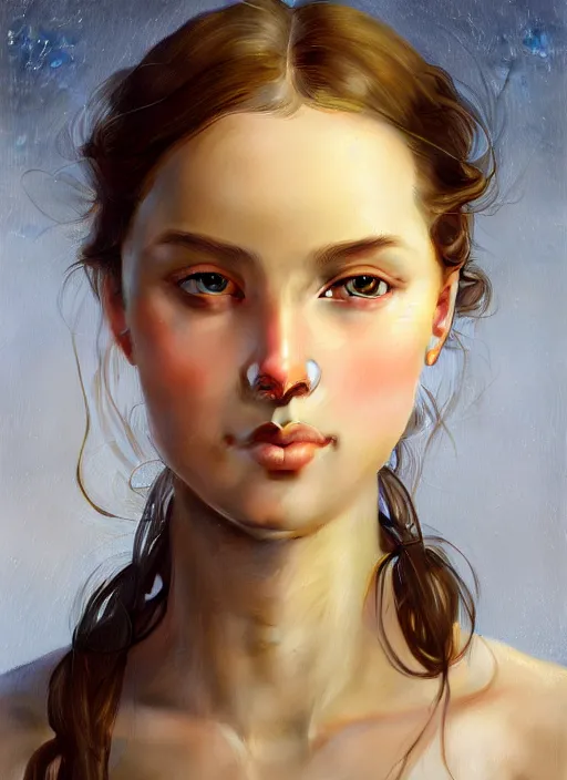 Image similar to symmetry!! portrait of young woman cursed with ever - increasing intelligence beauty and virtue, slice - of - life in apple orchard, realism, golden ratio facial proportions!! intricate, elegant, highly detailed, digital painting, artstation, concept art, smooth, sharp focus, illustration, art by artgerm and greg rutkowski and alphonse mucha