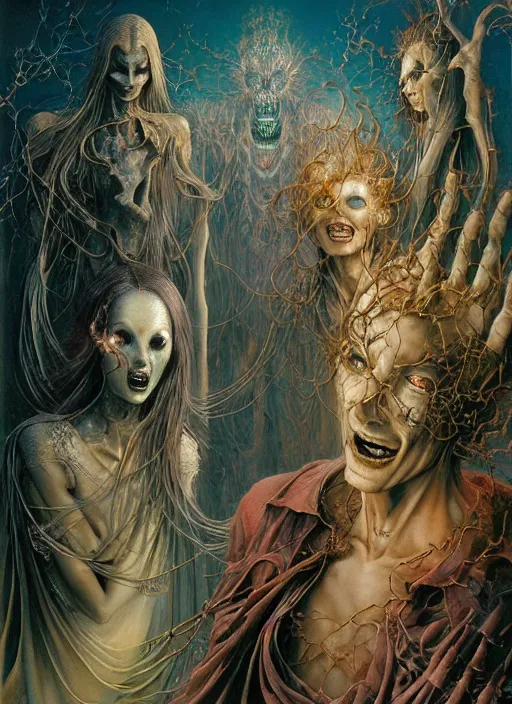 Prompt: realistic detailed image of a friendly figures of smiling ghosts made of light walking back and forth in the field by Ayami Kojima, Amano, Karol Bak, Greg Hildebrandt, and Mark Brooks, Neo-Gothic, gothic, rich deep colors. Beksinski painting, part by Adrian Ghenie and Gerhard Richter. art by Takato Yamamoto. masterpiece