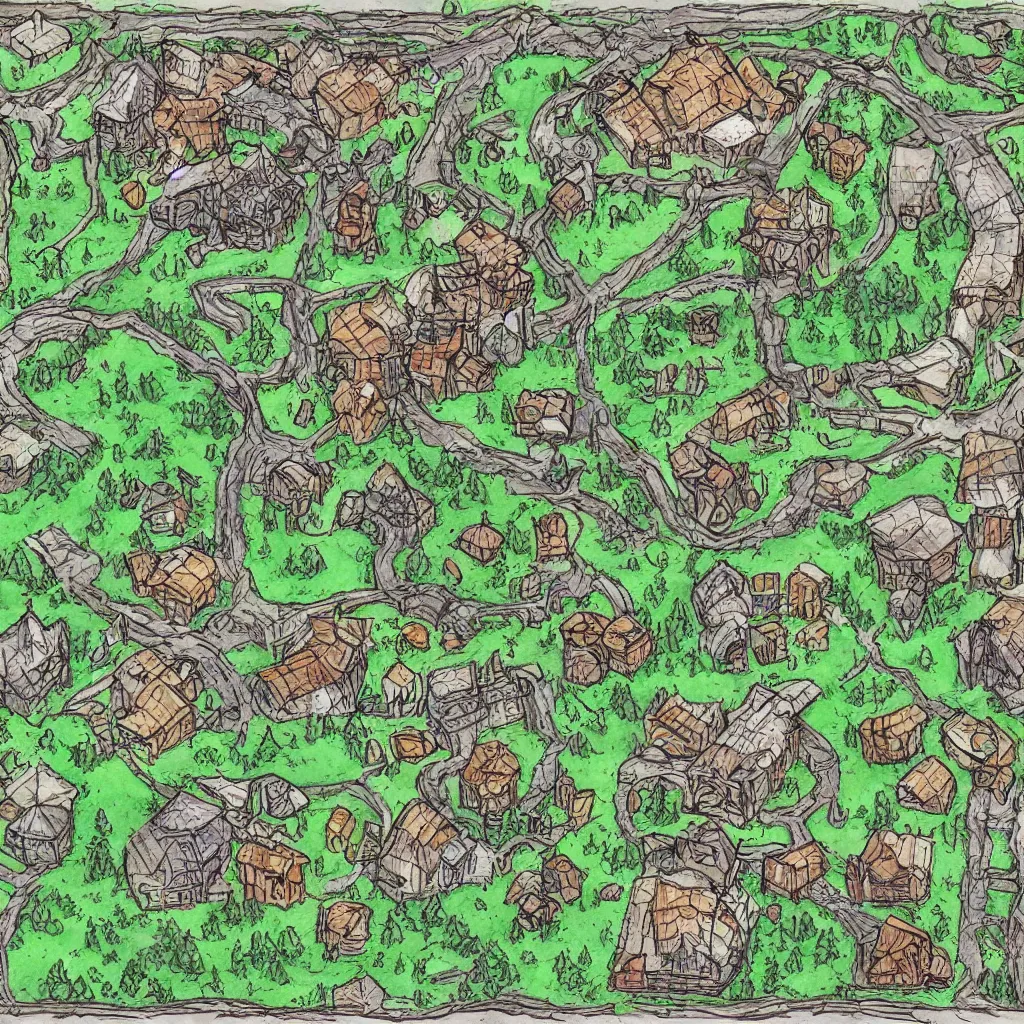 Prompt: bandit camp layout, art by allixander maps, acrylic drawing, fantasy, world, bright, clear, simple, sharpened