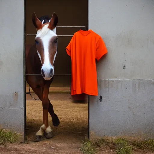 Image similar to horse with orange inmate clothes, in a jail