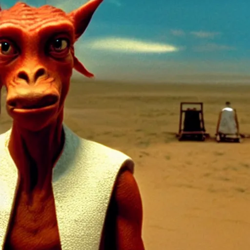 Image similar to jar jar binks is in love, still from a movie by wes anderson, cinematic, hyperreal, eerie, wide angle, insanely detailed, god rays, 3 5 mm