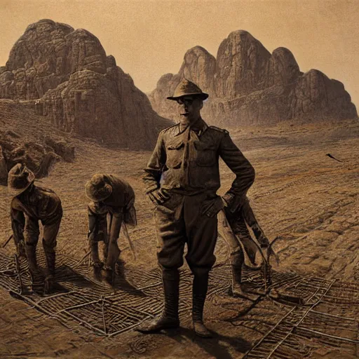 Image similar to ultra detailed photorealistic sepia - toned painting from 1 9 1 7, a british officer in field fear standing at an archaeological dig site in wadi rum, ultra realistic, painted, intricate details, lovecraft, atmospheric, dark, horror, brooding, highly detailed, by angus mcbride