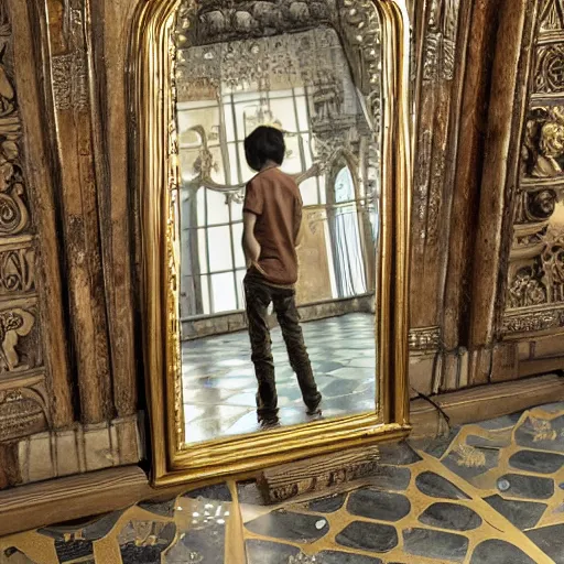 Prompt: Grogu stands stars in HP Philosopher's Stone and stares at his reflection in an ornate floor mirror, hyperdetailed, UE5