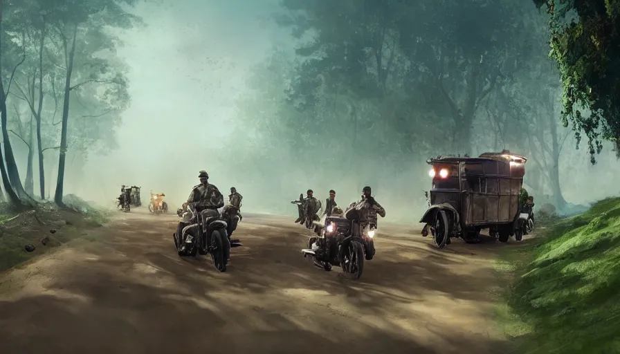 Prompt: a british officer driving a motorcycle at high speed in 1921 in kerala forest road, local people chasing to attack, furious action scene, chase, an epic fantasy, dramatic lighting, cinematic, establishing shot, extremely high detail, photorealistic, cinematic lighting, artstation, by simon stalenhag, shadow of the tomb rider