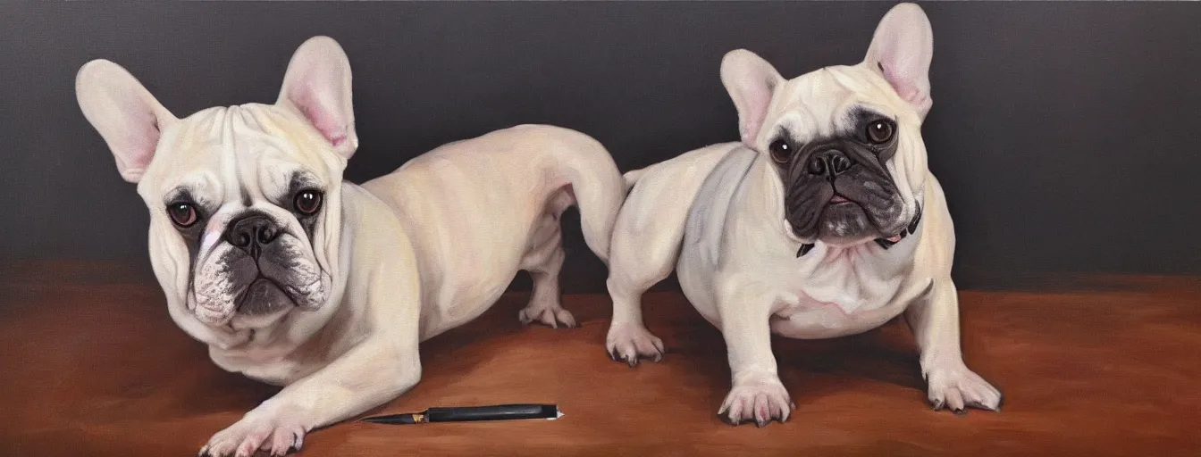 Image similar to oil painting of a french bulldog wearing businessman attire