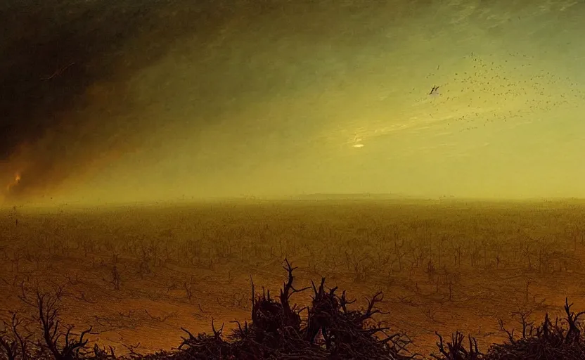 Image similar to a plague of locusts over burning forest. desolate landscape. fields on fire. greg rutkowski gustave dore caspar david friedrich dystopian hyperdetailed landscape. millions of tiny locusts in the sky